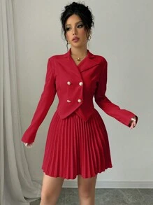 Elenzga Elegant Women's Double-Breasted Jacket & Pleated Midi Skirt Suit Set, For Valentine's Day