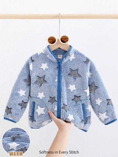 Cozy Pixies Chaqueta tipo cardigan con mangas largas y forro polar con estampado de estrellas para niño, casual y versátil, apta para otoño e invierno