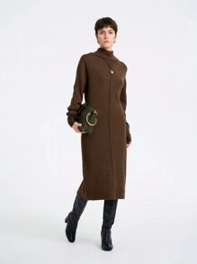 Aalyst Women's Plain High Neck Long Sleeve Fitted Sweater Dress