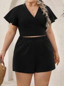 SHEIN VCAY Plus Size 2pcs/Set Solid V-Neck Top And Shorts, Casual And Fashionable For Daily Wear