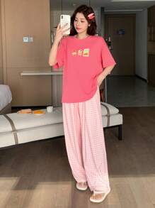 DAZY Set de pijama de 2 piezas para mujer con estampado, de manga corta y corte holgado