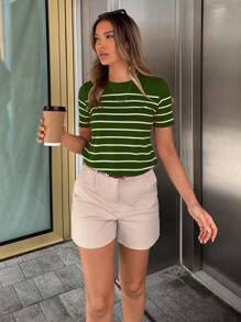 Pariaura Camiseta casual versátil de mujer con rayas y estampado gráfico