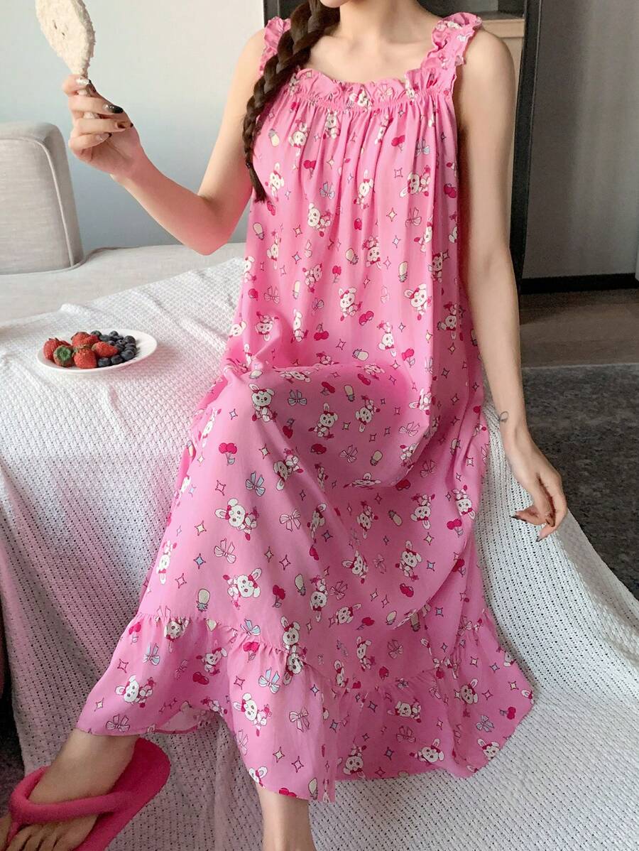 DAZY Cute Cartoon Rabbit Print Ruffled Trim Camisole Nightgown Pajama - Pink - View 1