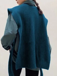 Flirla 大码女式纯色圆领休闲针织上衣，秋冬 - 水鴨藍 - 查看 2