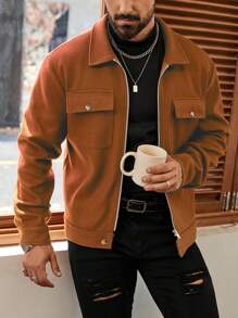 Manfinity CasualCool 男士休闲纯色短款夹克，秋季，红色冬季男士夹克，秋季男士，男士长袖羽绒服，休闲夹克，男士休闲夹克，男士秋季夹克 - 棕色 - 查看 1