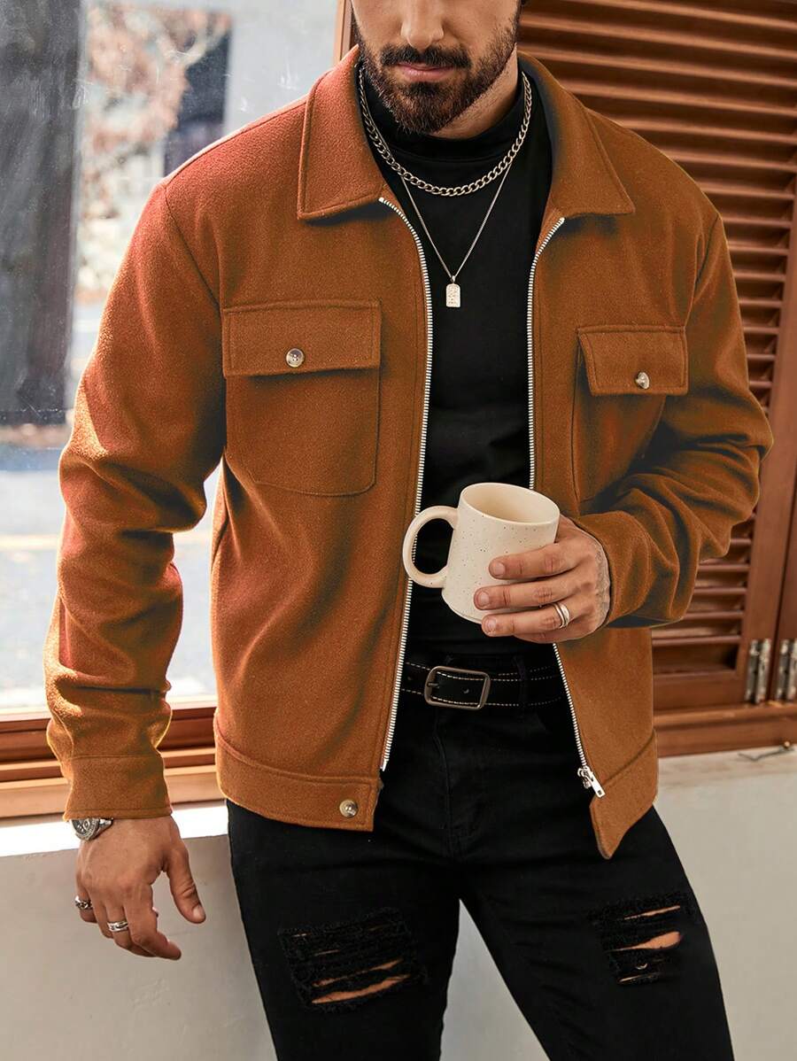 Manfinity CasualCool 男士休闲纯色短款夹克，秋季，红色冬季男士夹克，秋季男士，男士长袖羽绒服，休闲夹克，男士休闲夹克，男士秋季夹克 - 棕色 - 查看 1
