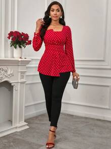 SHEIN Lady Blusa elegante de mujer con patrón de corazones de Día de San Valentín, cuello cuadrado, mangas abullonadas y bajo asimétrico en color rojo - Rojo - Ver 5
