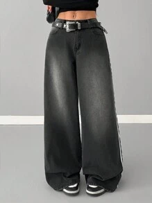 SHEIN EZwear 女士春夏嘻哈休闲日常装牛仔水洗带纹理装饰牛仔裤 - 黑色 - 查看 2