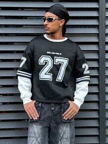 Sudadera con capucha casual de hombre con cuello redondo, de unicolor, parches y estampado de números de manga larga
