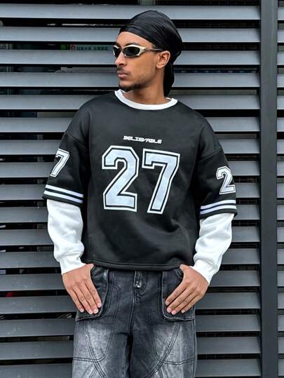 Men's Solid Color Patchwork Round Neck Long Sleeve Numeral Print Casual Sweatshirt