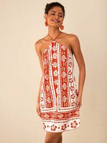 Travachic Women's Floral Print Casual Halter Neck Mini Dress,Vacation Casual Beach Dress