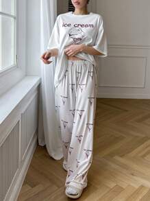 DAZY Cute Ice Cream Print Short Sleeve & Long Pants Pajama Set, Loose Fit