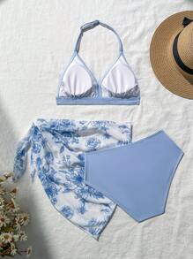 Tween Girl Solid Color Halter Neck Bikini Top And Bottom Swimwear Set - Blue - View 2