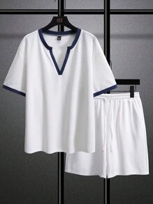 Manfinity Homme Plus Size Men 2pcs Set: Color Block V-Neck Short Sleeve T-Shirt And Drawstring Waist Shorts - White - View 3