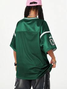 Coolane Women's Solid Color Patchwork V-Neck Short Sleeve Numeric Detail Minimalist Blouse Jersey T-Shirt - Green - View 2