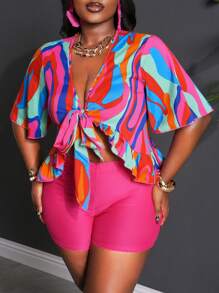 Slaydiva 2 stuks/set 2025 lente/zomer nieuwe crop top met strik op de borst en effen gekleurde op maat gemaakte fuchsia shorts, plus size vakantie-outfit