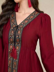 Al Najma Bright Red  V-Neck Webbing Tassel Women's Elegant Ribbon Trim Dress - Red - View 5