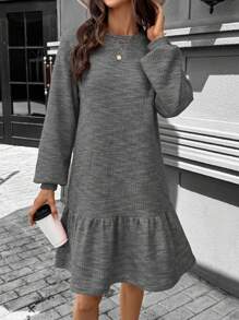 SHEIN LUNE Women Casual Waffle Crew Neck Ruffle Trim Long Sleeve Dress Business Casual Woman
