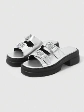 Grunge Punk Women's European & American Punk Rock Style Strap Sandals With Metal Buckle, Open Toe Roman Beach Sandals, Gothic Platform Wedge Sandals For Summer Vacation, Halloween