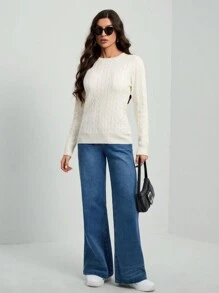 SHEIN Tall 女士学院风罗纹圆领长袖毛衣 - 白色 - 查看 4