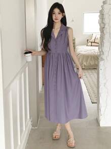 DAZY 女士纯色翻领单排扣无袖休闲中长连衣裙夏季吊带裙，返校季服装鸡尾酒裙 - 淡紫色 - 查看 3