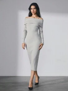 CLARA VERO Solid Long Sleeves Foldover Off Shoulder Sweater Dress - Light Grey - View 4