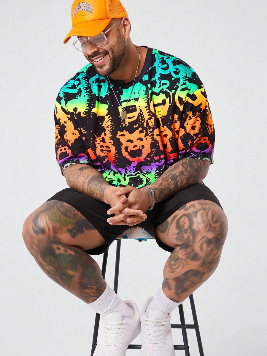 Manfinity NXTstreet Conjunto de camiseta casual holgada de punto y estampada para hombre talla grande