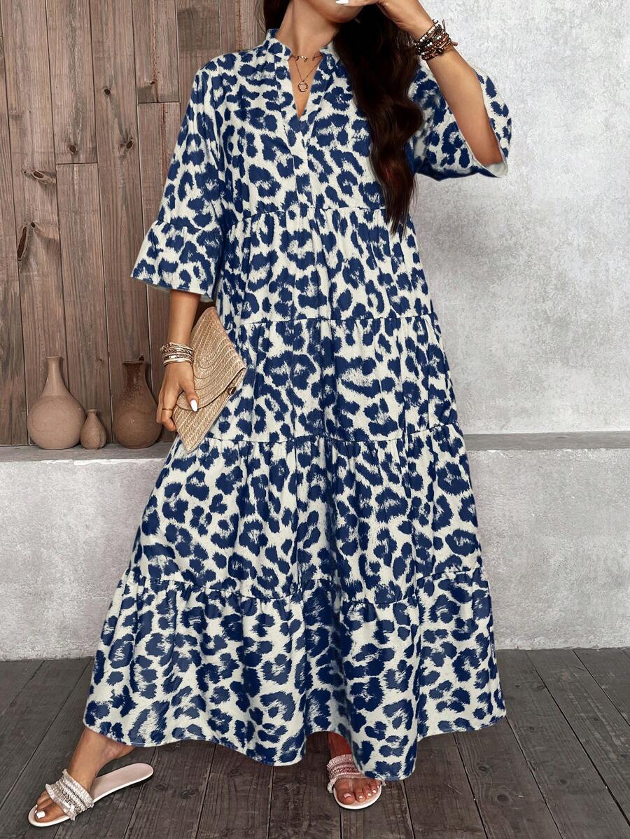 SHEIN LUNE Váy 4 tầng thường ngày họa tiết da báo màu hồng cỡ lớn - Màu xanh hải quân - Xem 1