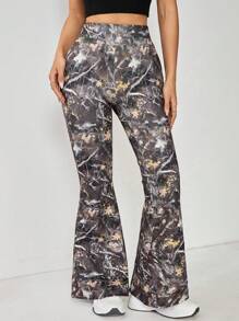 SHEIN PETITE 女式修身印花喇叭裤