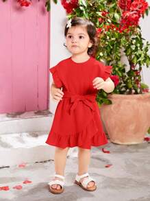 SHEIN 女婴简约纯色休闲落肩荷叶边不对称下摆系带夏季连衣裙