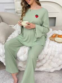 草莓刺绣可调节腰部女士宽松休闲长袖长裤孕妇家居服，春秋