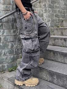 Manfinity EMRG Loose Fit Men's Flap Pocket & Side Panel Cargo Jeans (Without Belt) - Grey - View 5