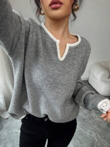 SHEIN Unity Women Lace Trim Detail Sweater, Loose Casual Long Sleeve V-Neck Contrast Color Pullover Knit Pullover Fall Winter Sweater - Grey - View 3