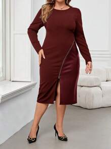 SHEIN Clasi 大码优雅女式黑色长袖 PU 皮革拼接前拉链开衩紧身连衣裙，冬季 - 酒紅色 - 查看 6