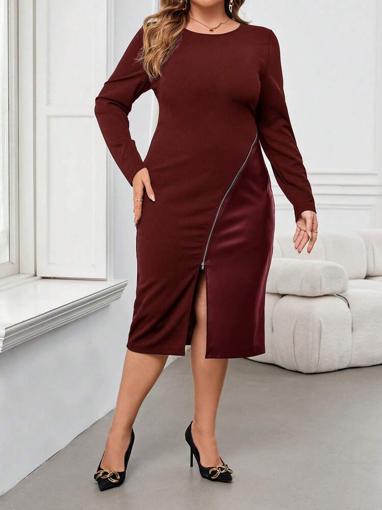 SHEIN Clasi Vestido ajustado de invierno para mujer de talla grande, en color negro, de manga larga, con paneles (PU) y cremallera delantera con abertura - Burdeos - Añade 6