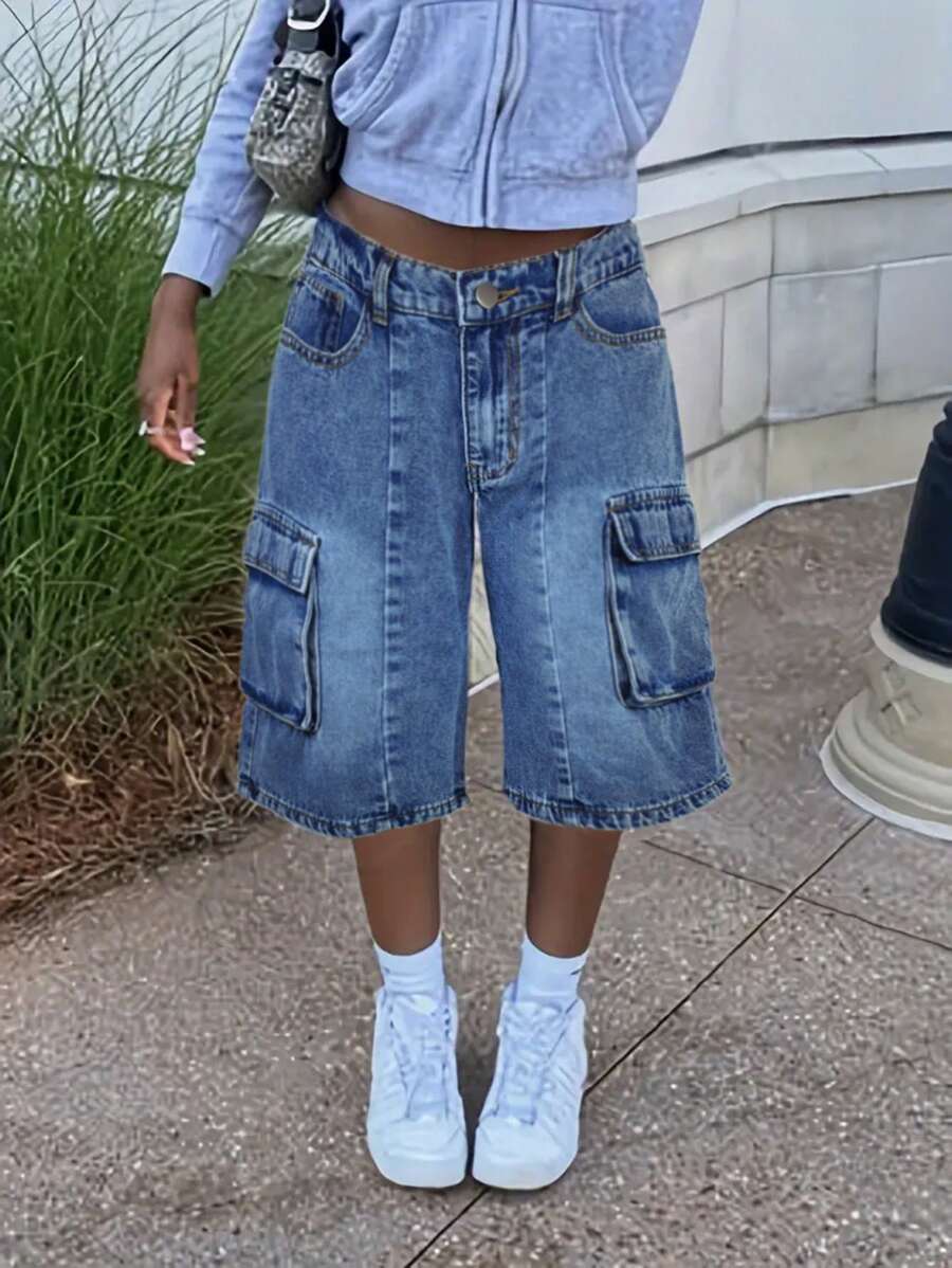 Quần Jeans Denim Thường Ngày Có Nút Túi Trước Cho Nữ, Mặc Hàng Ngày - Rửa nhẹ - Xem 1