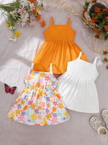 SHEIN Newborn Baby Girls 3-Piece Set: White & Orange Floral Print Strap Dress, Comfortable & Cute, Summer Gift Set - Multicolor - View 2