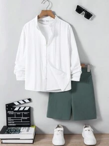 Set de 2 piezas de camisa de manga larga y pantalones cortos lisos informal para niños y preadolescentes varones, atuendo de caballero