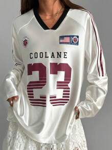 Coolane 女子比赛日运动休闲数字图案长袖 T 恤 - 白色 - 查看 6