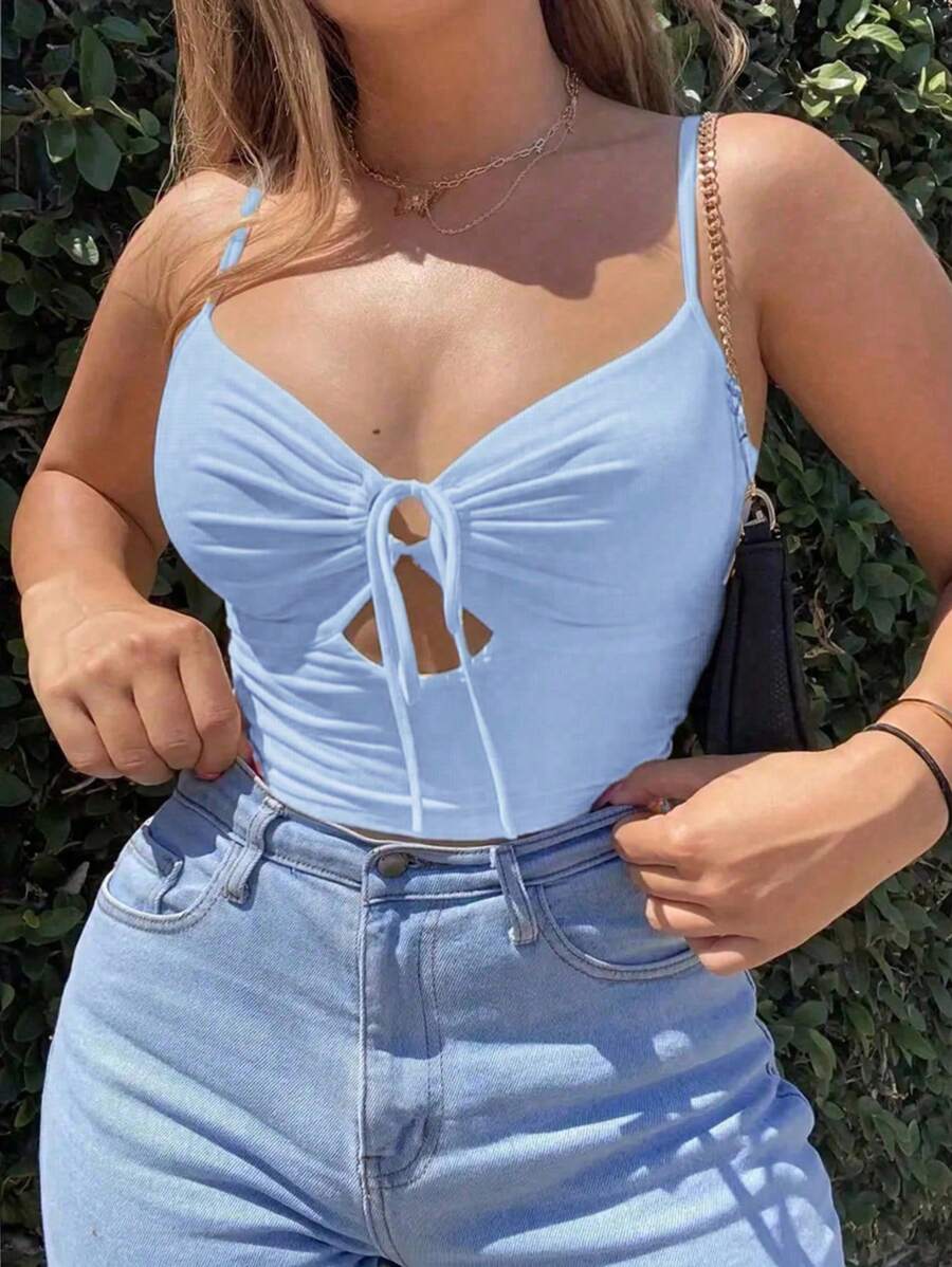SHEIN EZwear Women Solid Color Front Tie Ruffle Sexy Camisole - Blue - View 1