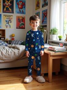 SHEIN Snug Fit Baby Boy Casual Comfortable Cartoon Planet, Astronaut Graphic Print Long Sleeve Round Neck Pants Home Clothing Set, Suitable For Autumn/Winter