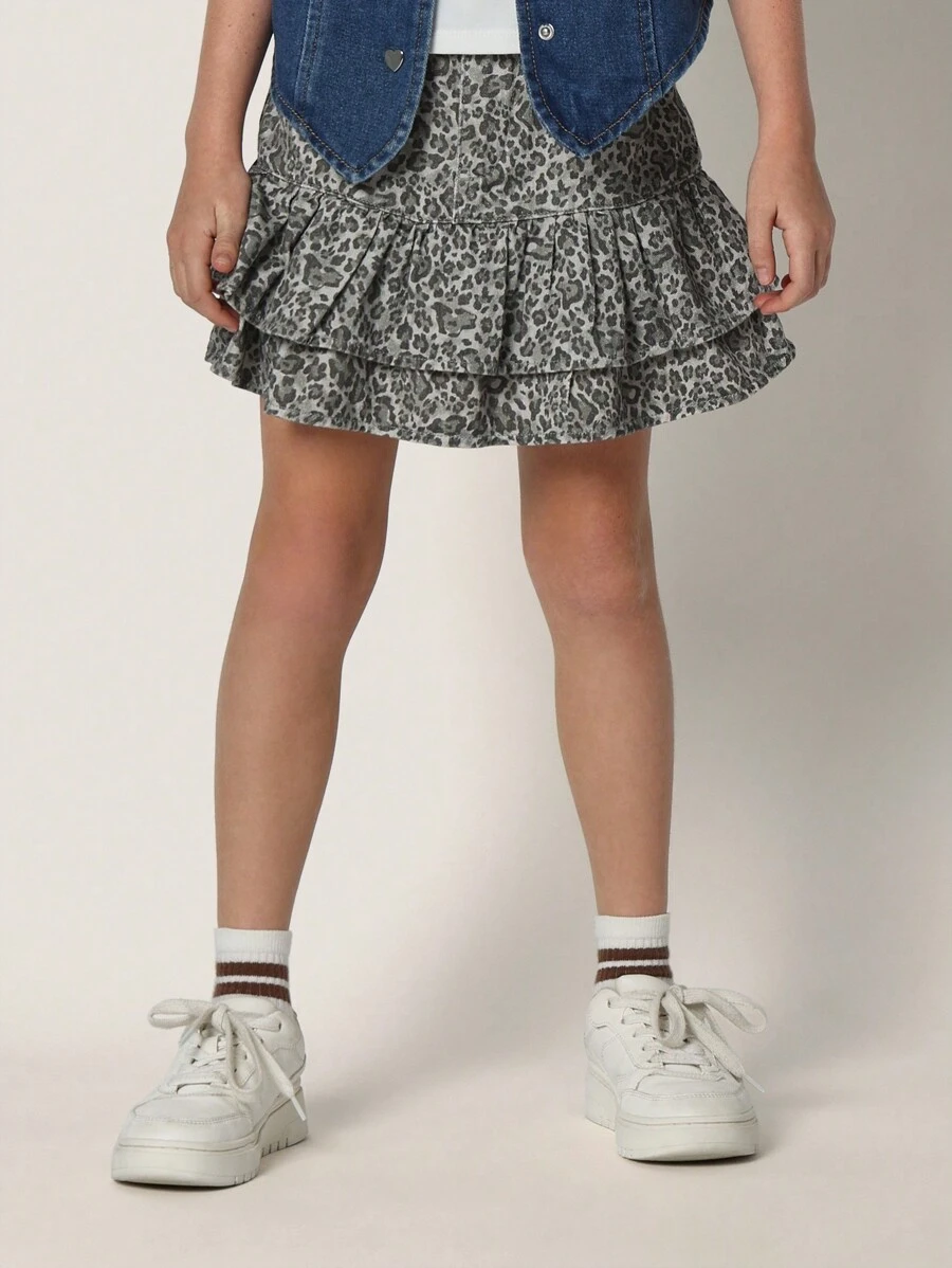 SUMWON Ruffled Tiered Leopard Print Skater Skirt Fall Winter Double Layer Mini Skirt School Everyday Casual Wear - Grey - View 1