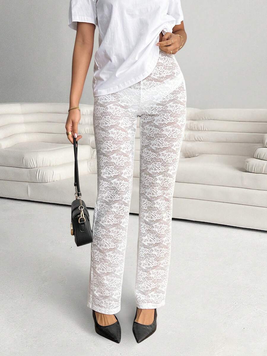 SHEIN SXY Quần ren mỏng màu trơn gợi cảm cho nữ, kỳ nghỉ thường ngày - trắng - Xem 1