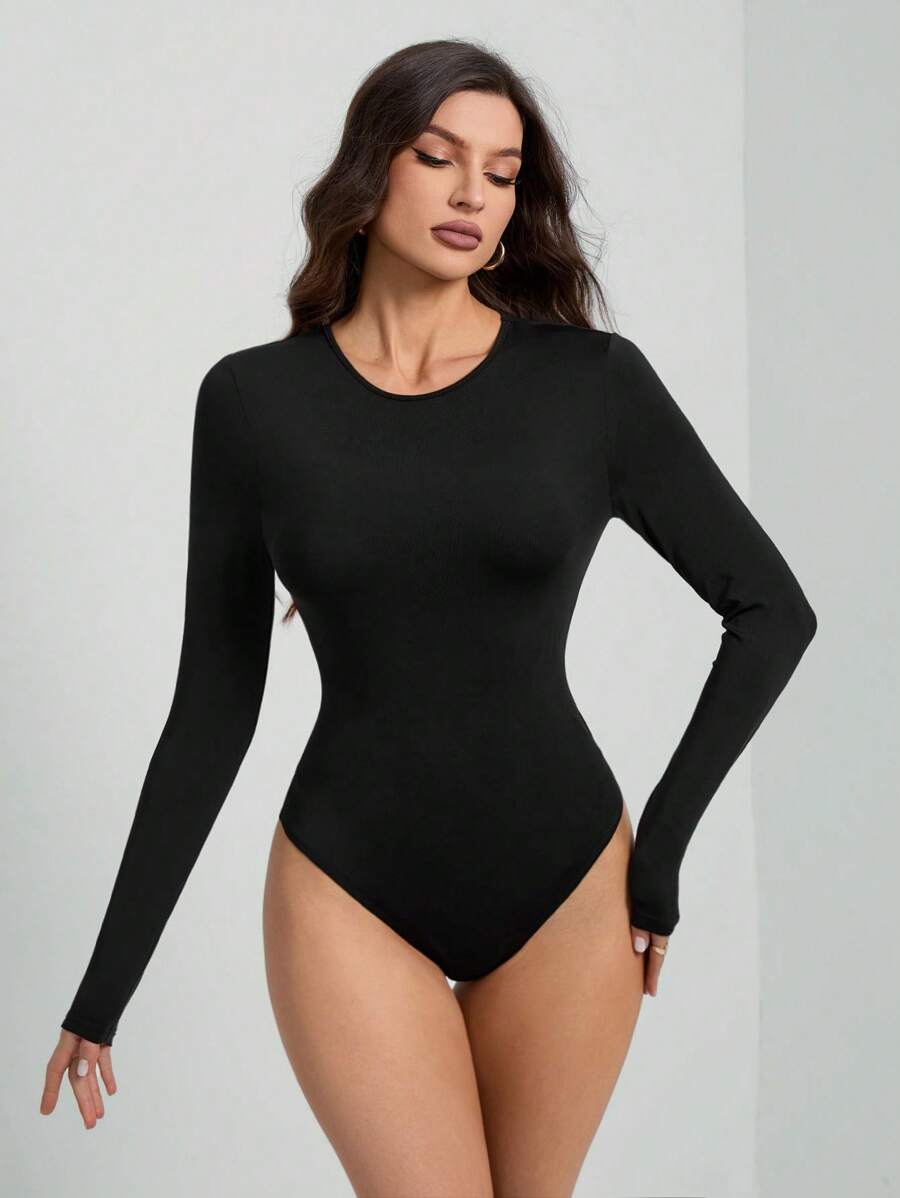 SHEIN Tall Body de manga larga de unicolor negro de corte ajustado - Negro - Ver 1