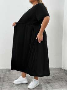 SHEIN CURVE+ Plus Size Women Summer Casual Black Belted Waist Loose Dress With Pockets, Long Sleeve