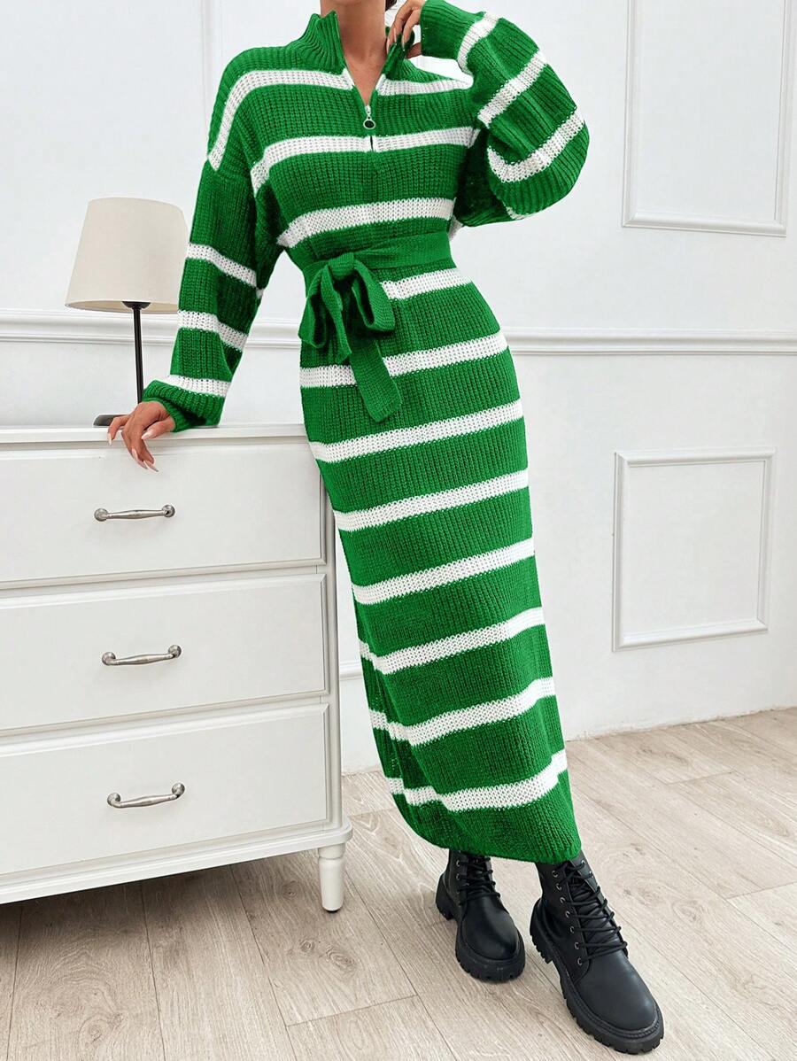 SHEIN Black & White Striped Extra Long Zipper Collar Fold-Over Design Basic Knit Sweater Dress For Women - Green - View 1