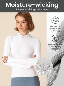 Lifespree Women's Solid Color Front Zipper Long Sleeve Casual Top, Everyday Wear - Light Grey - View 4