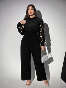 SHEIN Unity Plus Size Women Elegant Commuting Solid Color Lace Patchwork Jumpsuit - Black - View 6