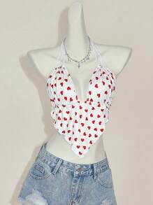 SHEIN ICON Valentine's Day Heart & Polka Dot Print Slim Fit Camisole Top With Triangular Hemline And Halter Neck Backless Design For Women - Red and White - View 4