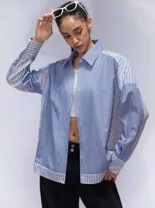 Aveloria Affinna Women's Front Button Long Sleeve Striped Patchwork Casual Blouse, Everyday Wear Fall Cloth For Women - Multicolor - View 6